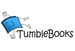 Tumblebooks logo with a cartoon book flipping